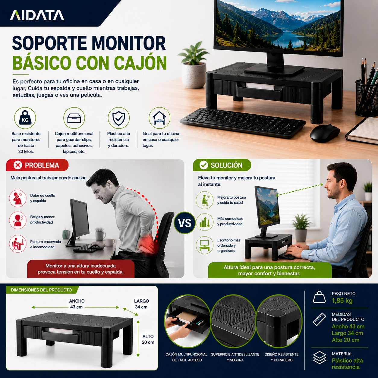 Soporte Monitor Básico con Cajón AIDATA Ajustable 3 Niveles - Imagen 3