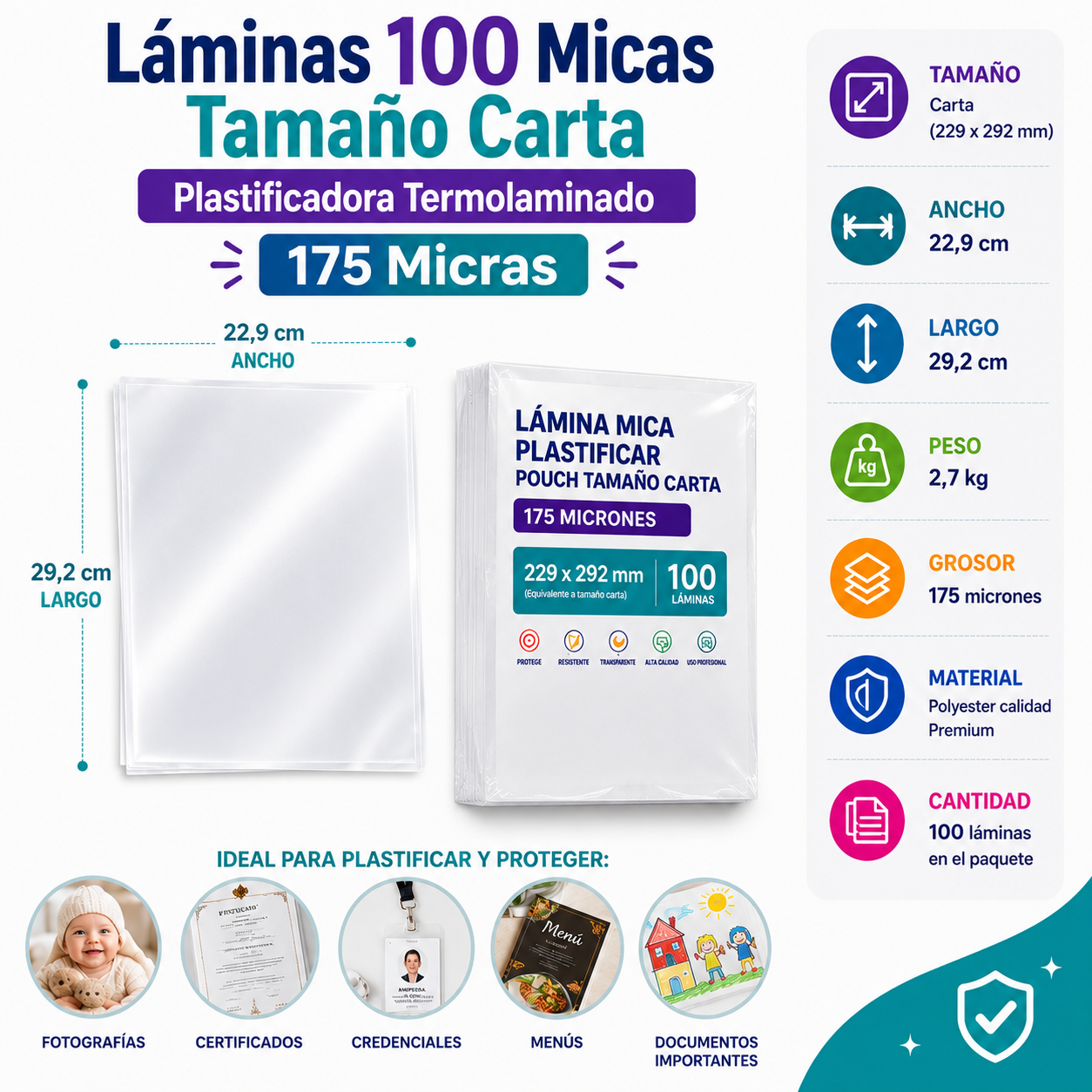 Laminas para plastificar- Carta (230x290mm) -100 -125 -175mic - Imagen 3