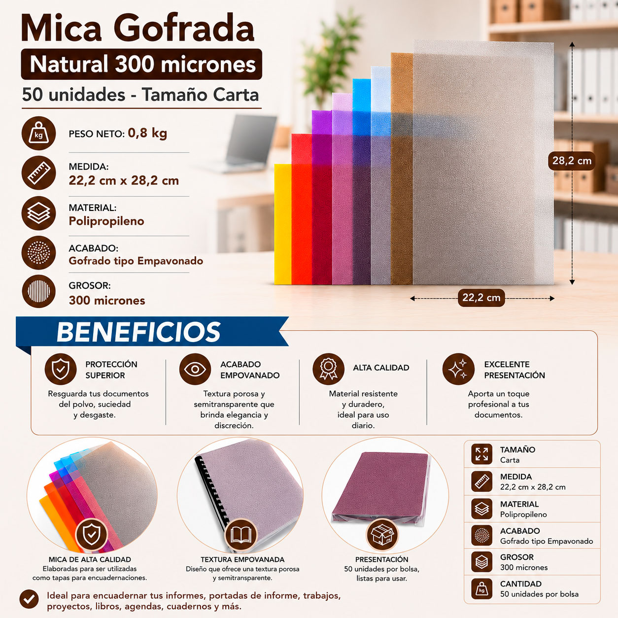 Micas Gofradas para Encuadernación Carta y Oficio - 50 Unidades - Imagen 2
