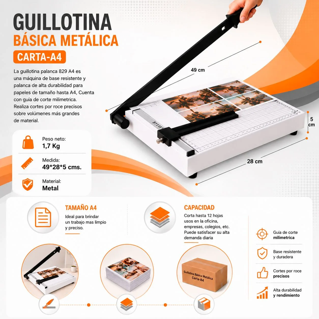 Guillotina Metálica A4 con Palanca para Papel Carta y Oficio