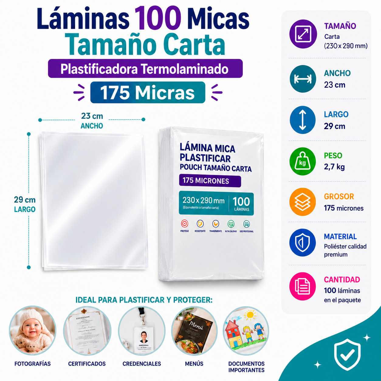 Laminas para plastificar- Carta (230x290mm) -100 -125 -175mic - Termolam (imagen 3)