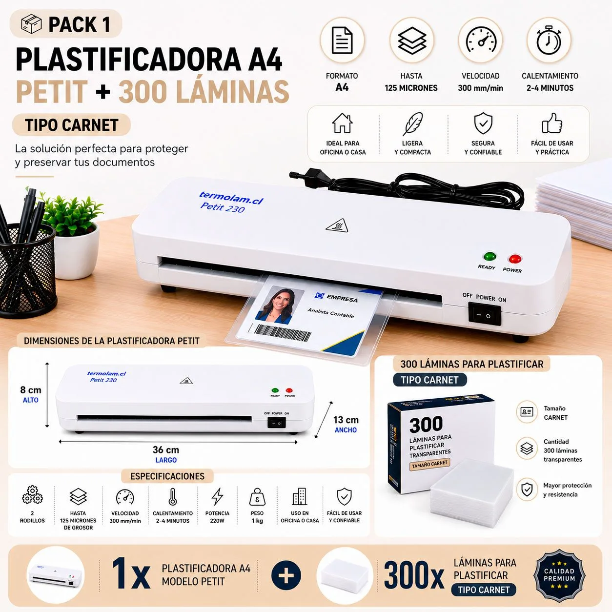 Pack Emprendedor Plastificadora A4 Petit + 300 Láminas - Carnet