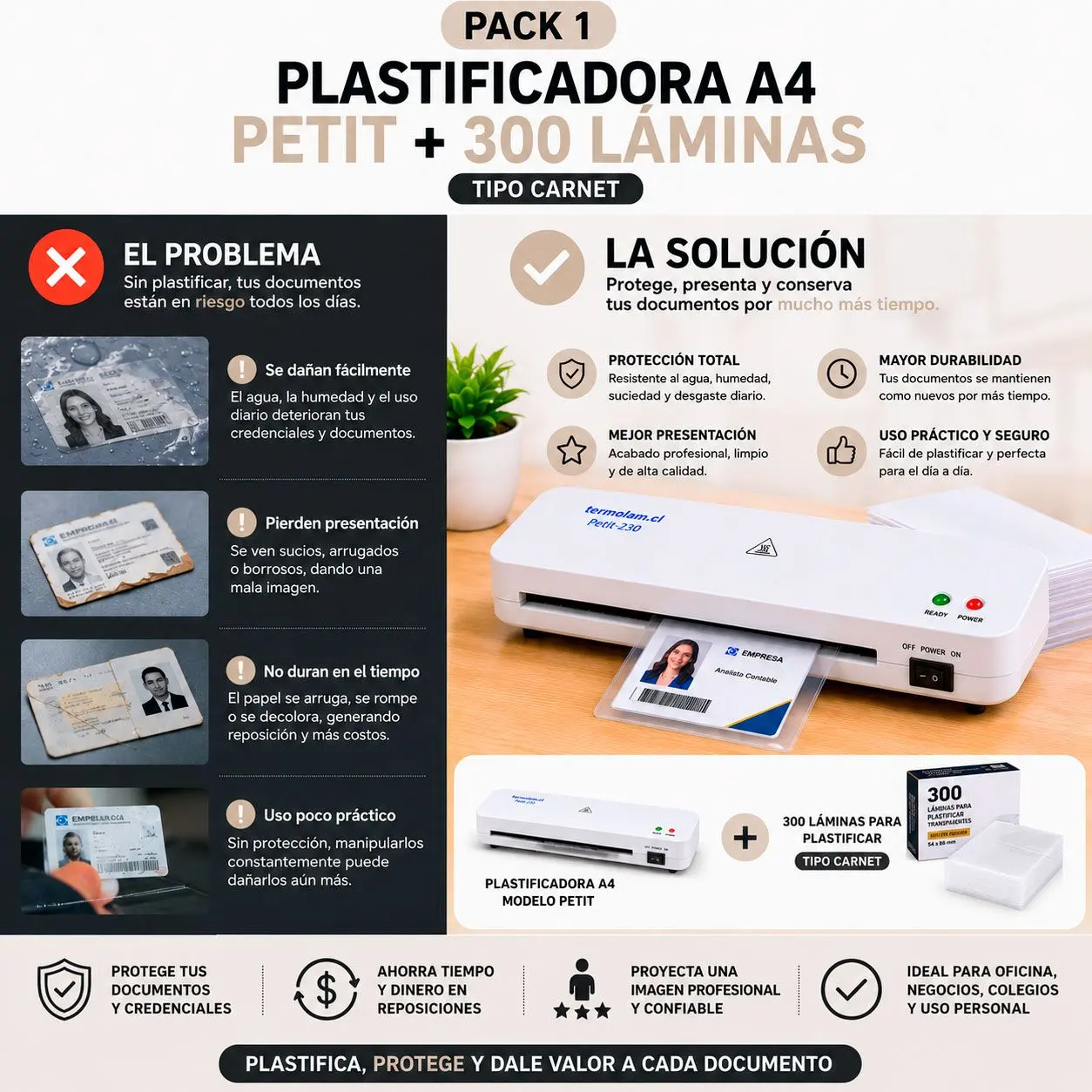 Pack Emprendedor Plastificadora A4 Petit + 300 Láminas - Carnet