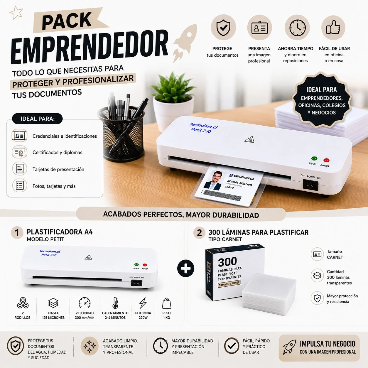 Pack Emprendedor Plastificadora A4 Petit + 300 Láminas - Carnet