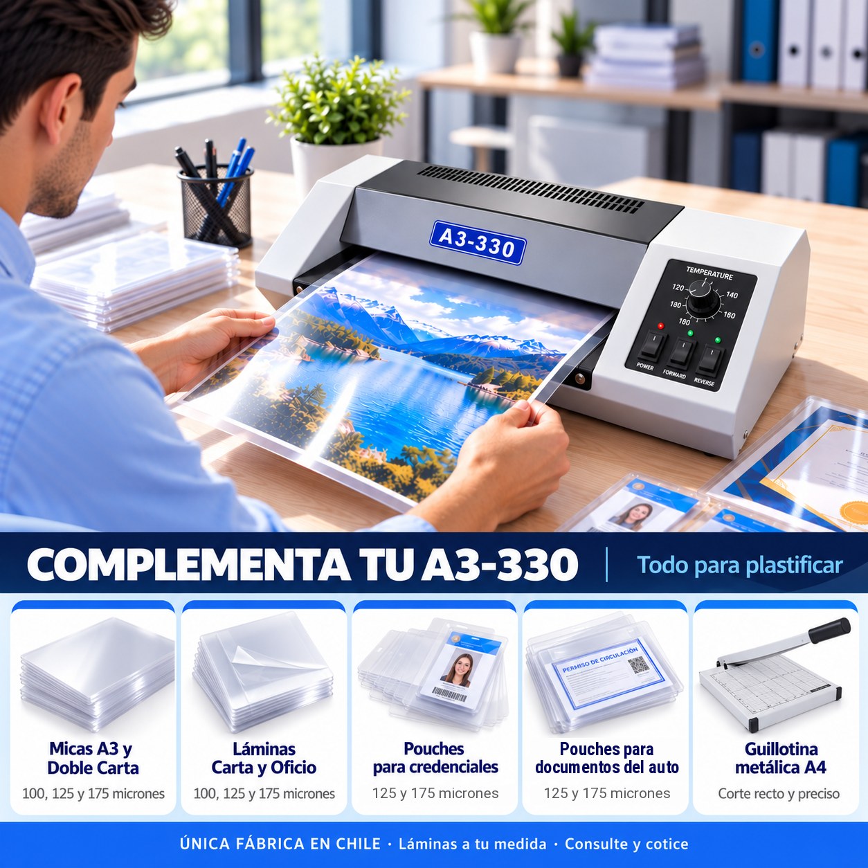 Complementa tu A3-330: láminas, pouches y guillotina