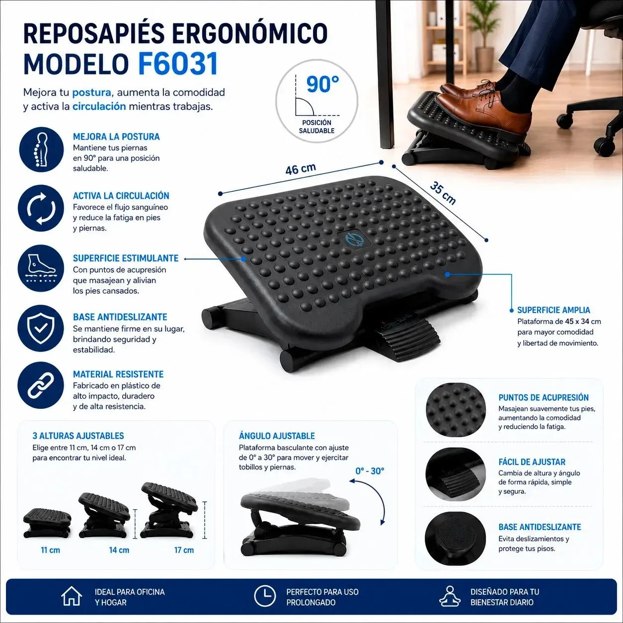 Reposapiés Ergonómico Regulable 3 Posiciones para Oficina