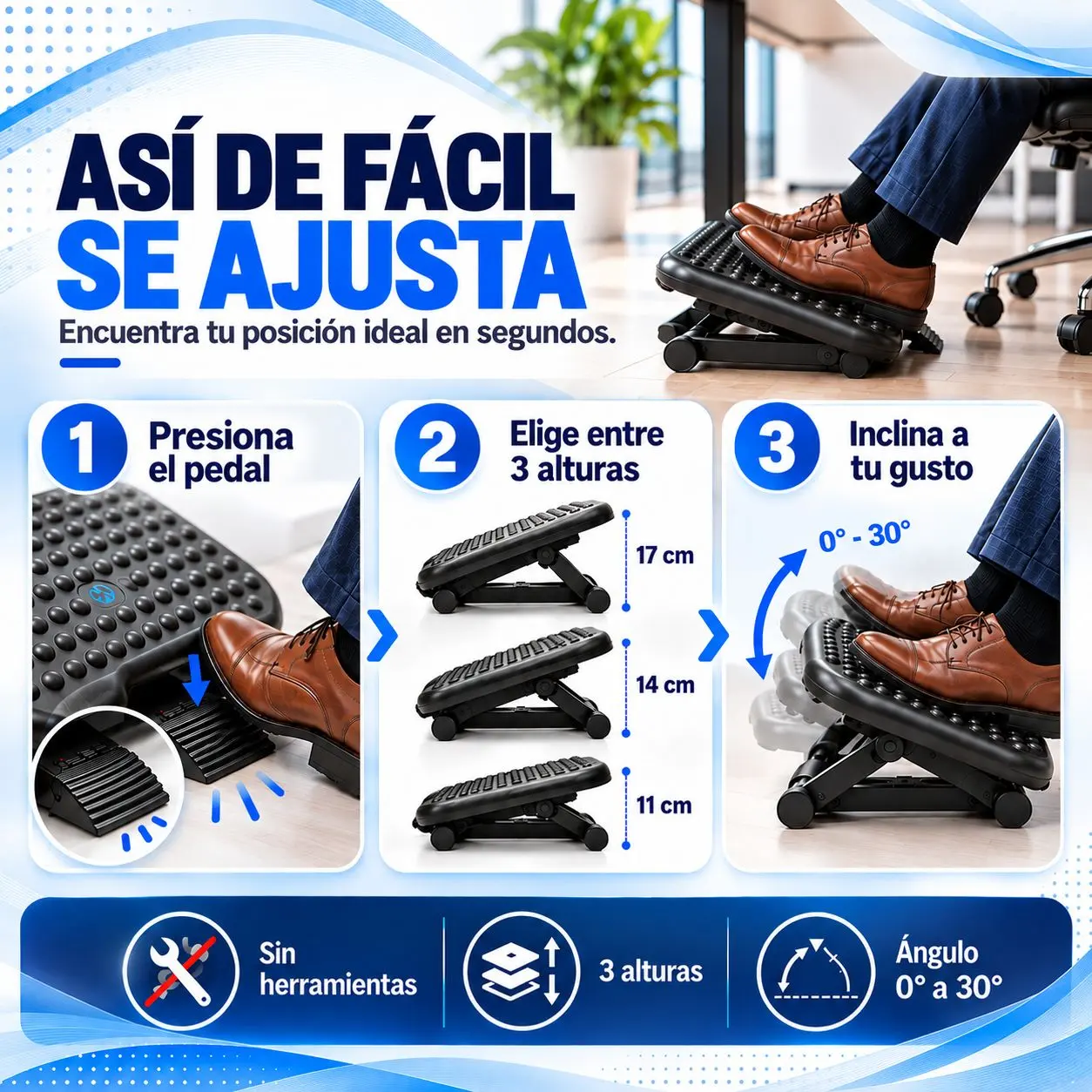 Reposapiés Ergonómico Regulable 3 Posiciones para Oficina