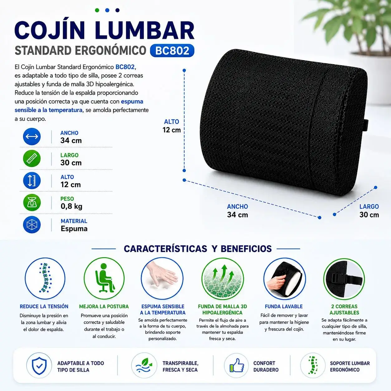 Respaldo Cojín Lumbar Standard - Ergonómico BC802