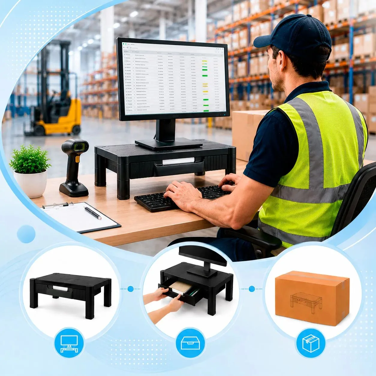 Soporte Monitor Básico con Cajón AIDATA Ajustable 3 Niveles