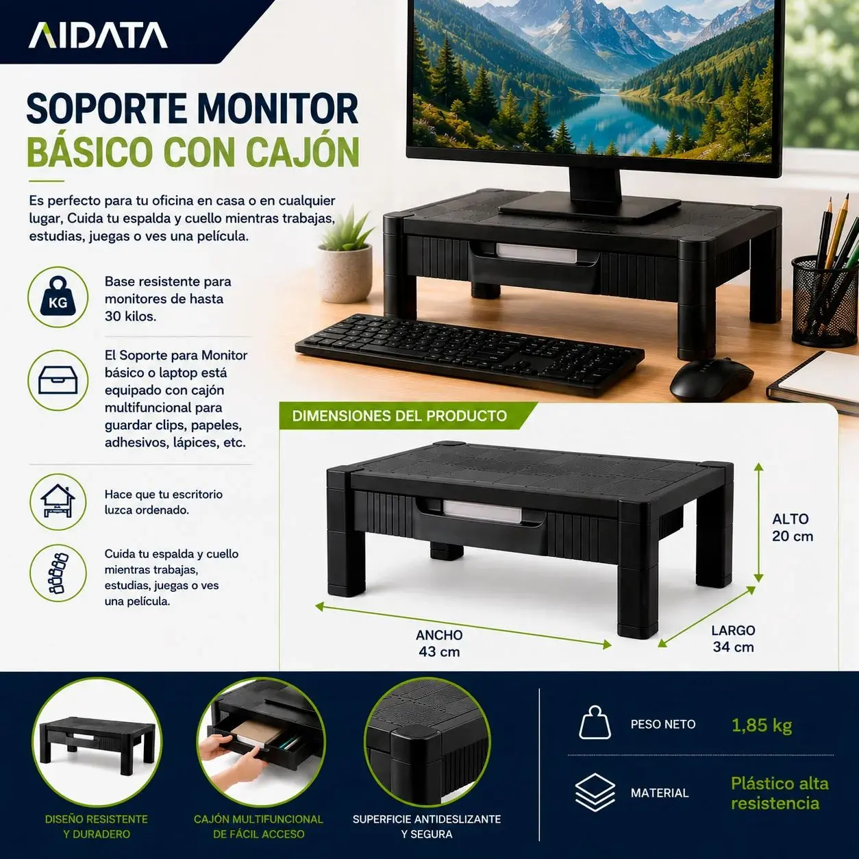 Soporte Monitor Básico con Cajón AIDATA Ajustable 3 Niveles